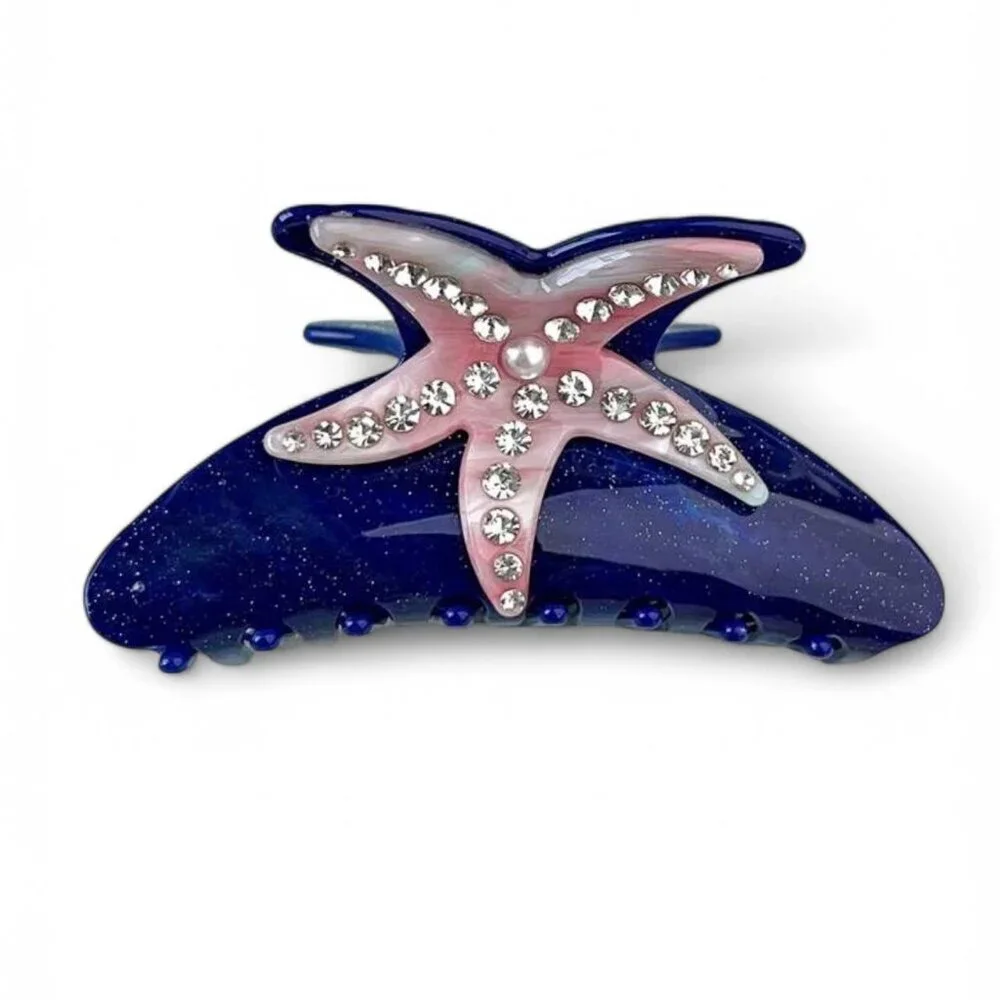 Blue heavyweight starfish hair clip - Royal blue and pearly pink starfish. New.
